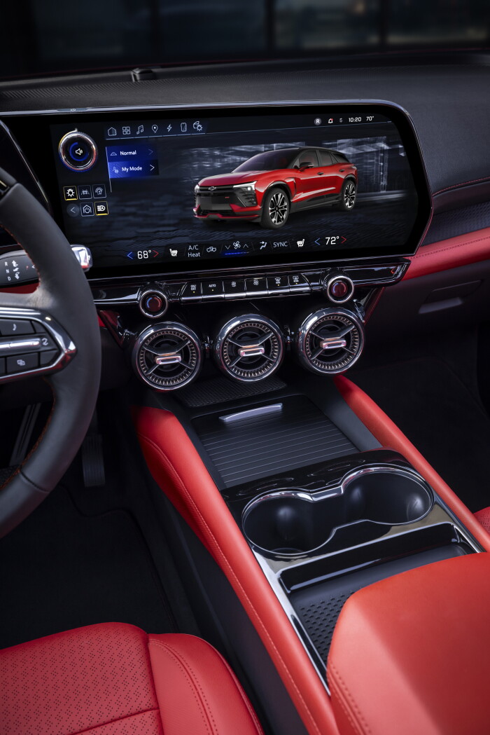 Front view of infortainment touchscreen and center console on 2024 Chevrolet Blazer EV SS, with Adre